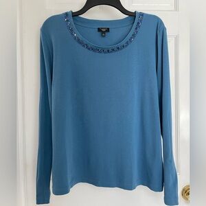 Blue long sleeve beaded scoop neck T-shirt by Talbots petite extra large